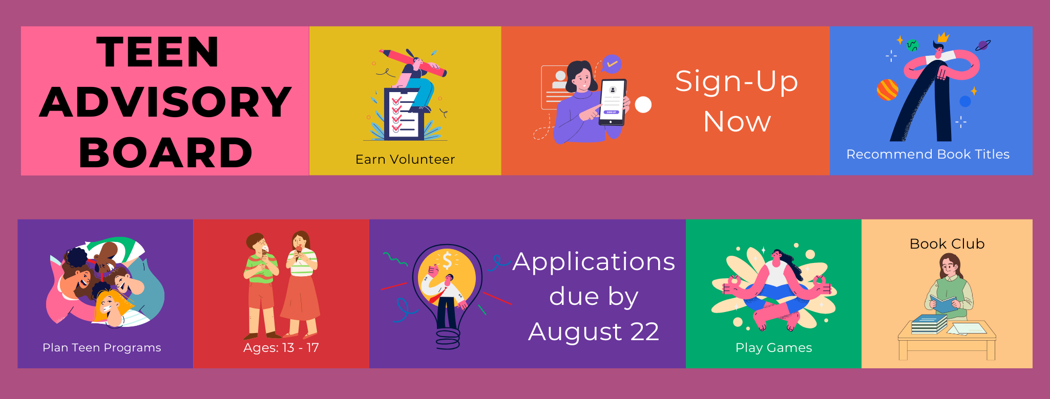 colorful boxes with cartoon people doing various tasks