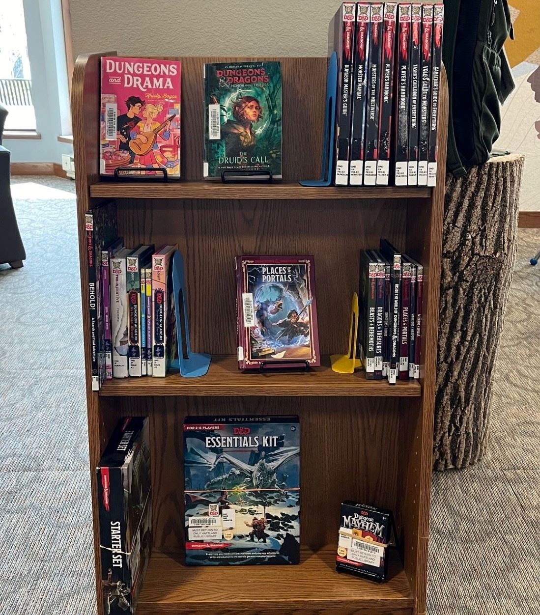 Shelf with books and games about DND.